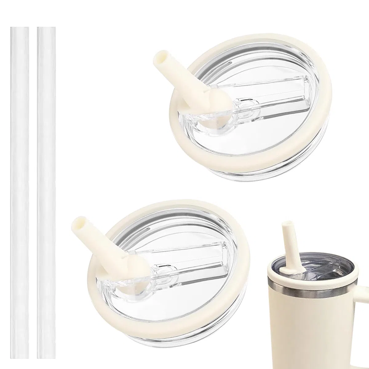 2 Pezzi Sostituzione del Coperchio della Tazza Compatibile con Stanley Cup 40 oz, Stanley Accessori Riutilizzabili, con 2 Cannucce, StanleyCup Accessori (Beige)