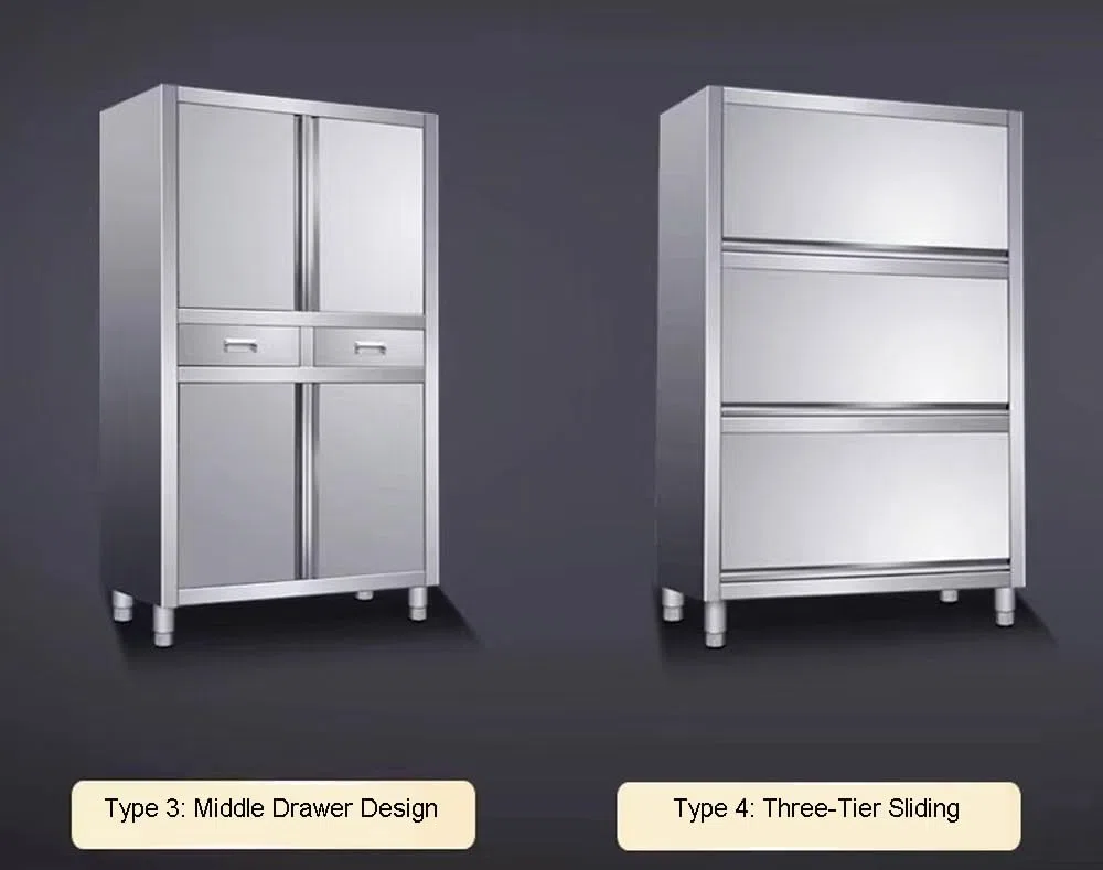 Armadio da Cucina in Acciaio Inox – 3~4 Ripiani Regolabili, Porte Scorrevoli o Doppie Ante, Cassetto Centrale – per Ristoranti, Panetterie, Hotel, Cucine Professionali