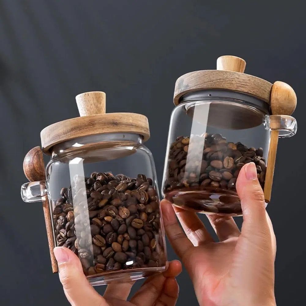 Barattoli in vetro con coperchio in legno e cucchiaio, contenitori per alimenti, barattoli per spezie, tè, caffè, zucchero, organizer da cucina (400 ml)