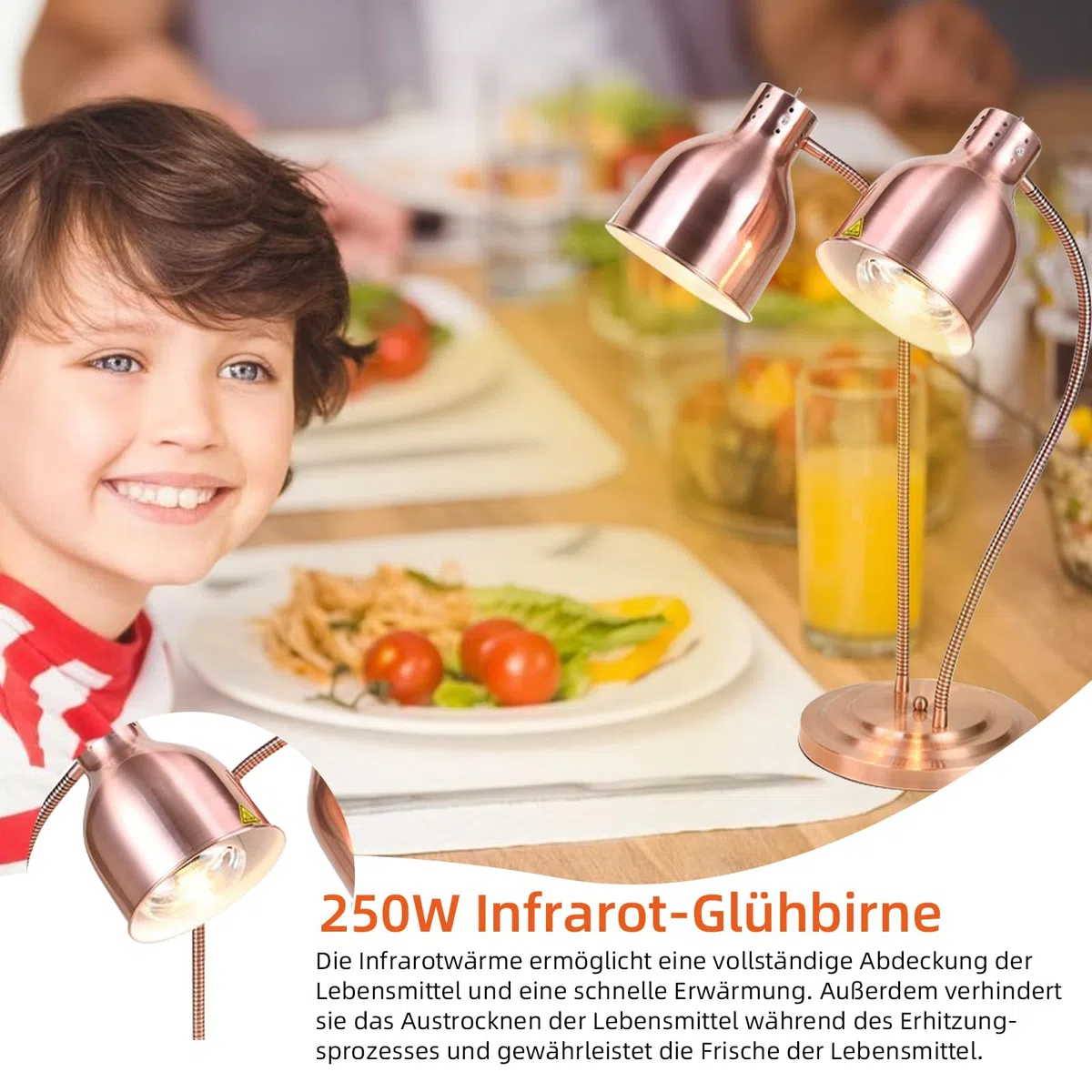 Lampada riscaldata da cucina, 250 W, lampada a infrarossi, doppia testa, autonoma, per buffet, sala da pranzo, hotel commerciali, mantenimento caldo degli alimenti (oro rosa)