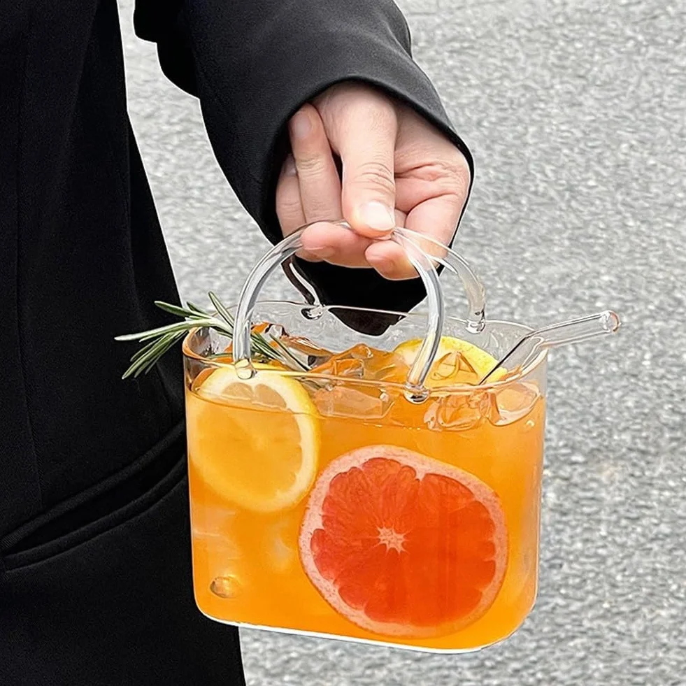 BlissfulAbode Portabevande in vetro a forma di borsa chic trasparente con manico, doppio uso, server per bevande, per cocktail, succhi di frutta, bibite, fiori, decorazione da tavolo alla per moda