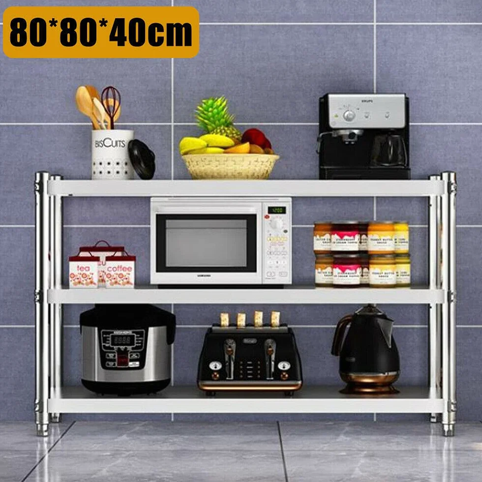 Tavolo da cucina in acciaio inox, 80 x 80 x 40 cm, 3 ripiani, per dispense, ristoranti, cucine, grandi cucine, carico 50 kg