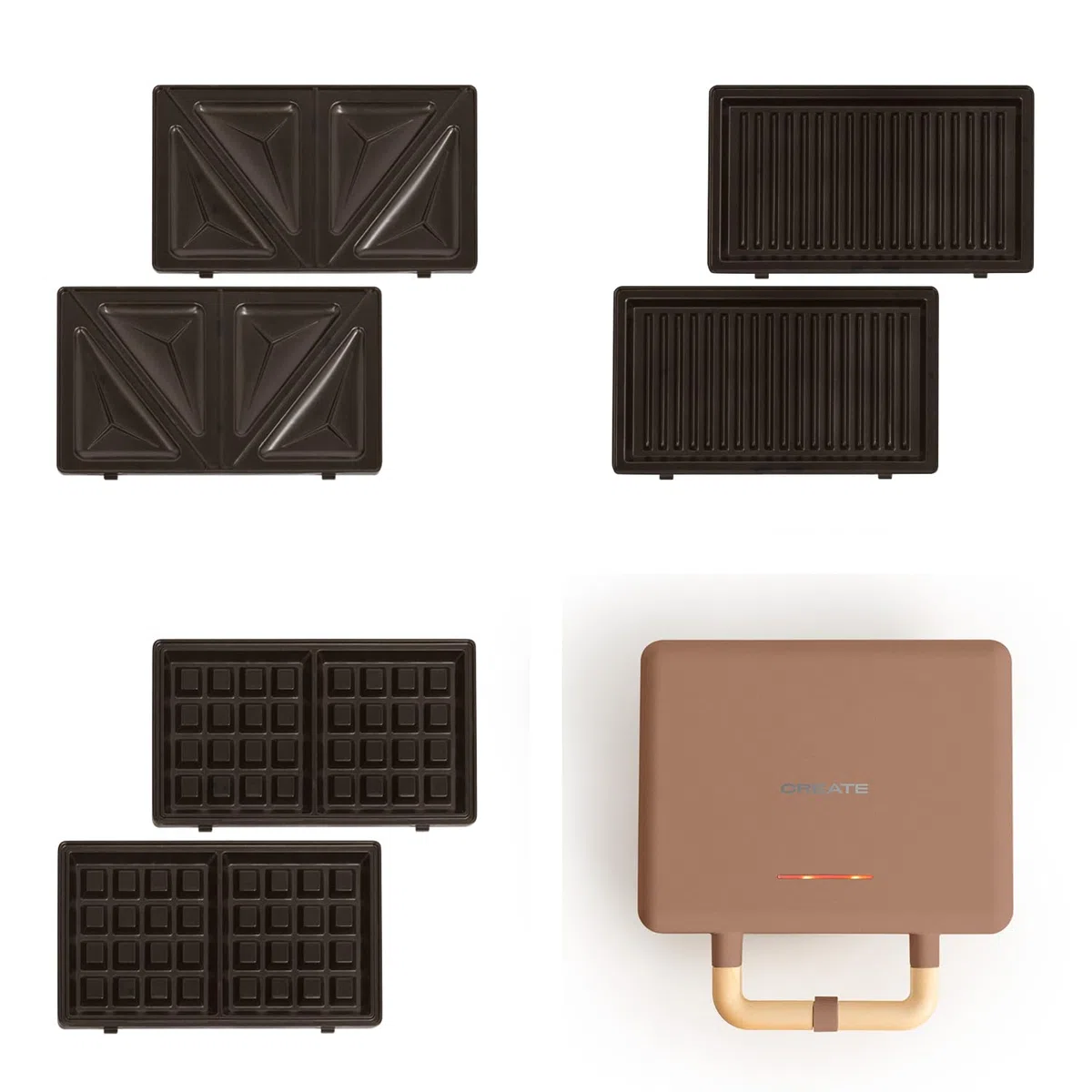 CREATE/STONE STUDIO/Tostiera per panini, grill e waffle moka / 3 piastre intercambiabili: Grill, waffle e panini, antiaderente, apertura 100º, spegnimento automatico, retro, 800W