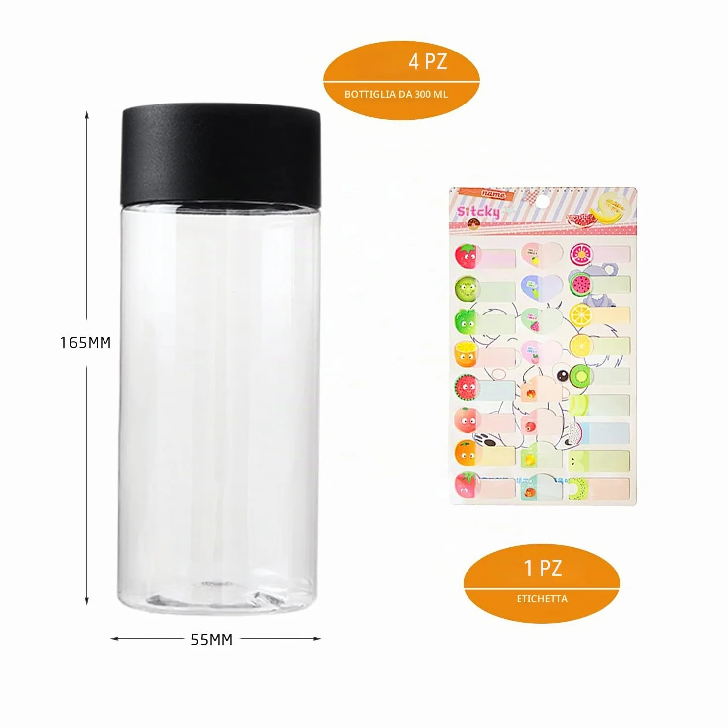 Pacchetto di 4 Bottiglie di Plastica con Etichetta di Frutta, Tappi e Contenitori Trasparenti - Ideali per Succo, Latte e Bevande Fatte in Casa
