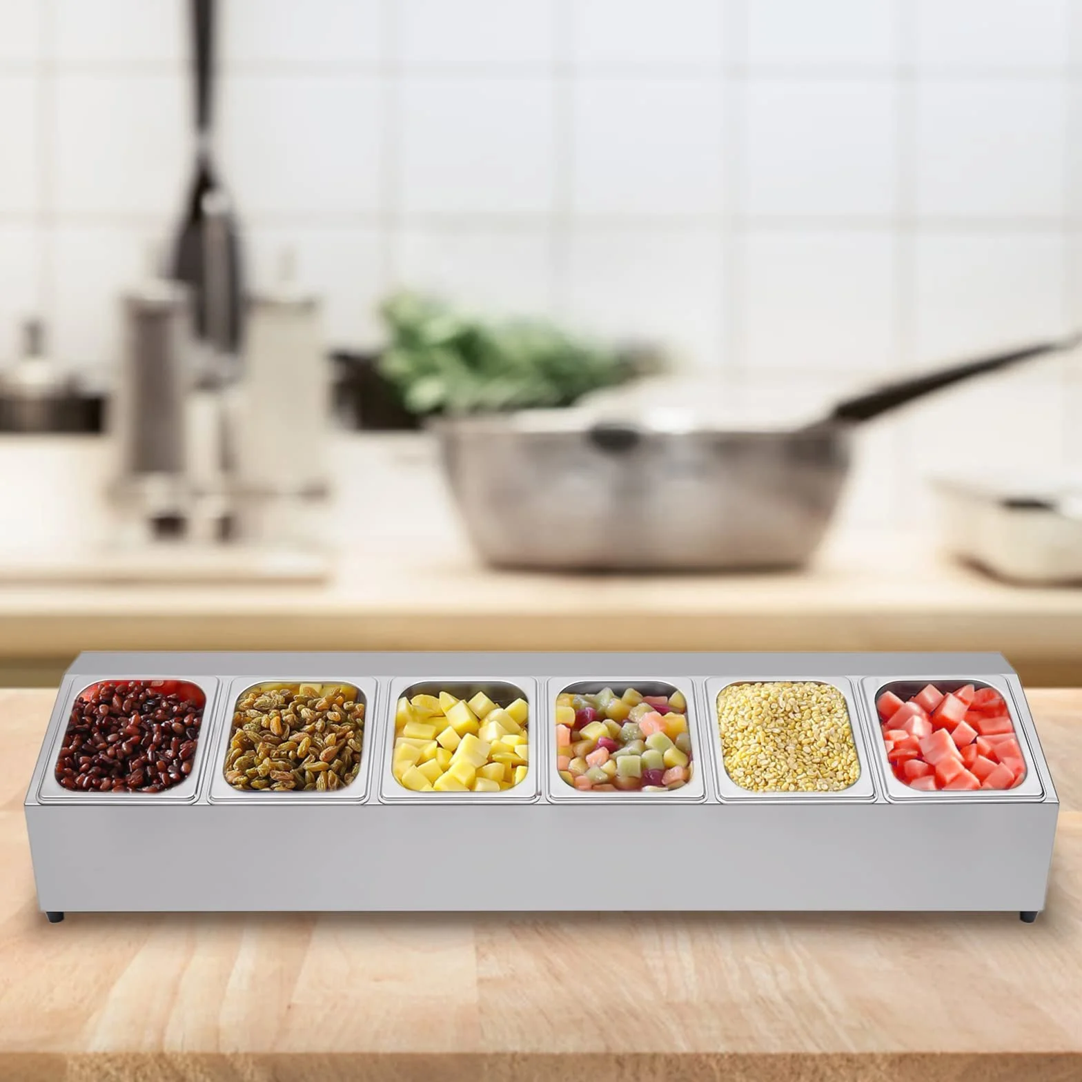 Contenitore per ingredienti in acciaio inox, contenitore con 6 contenitori, capacità per contenitore: 2 l, piedini in gomma antiscivolo, coperchio per ristoranti, negozi di tè al latte