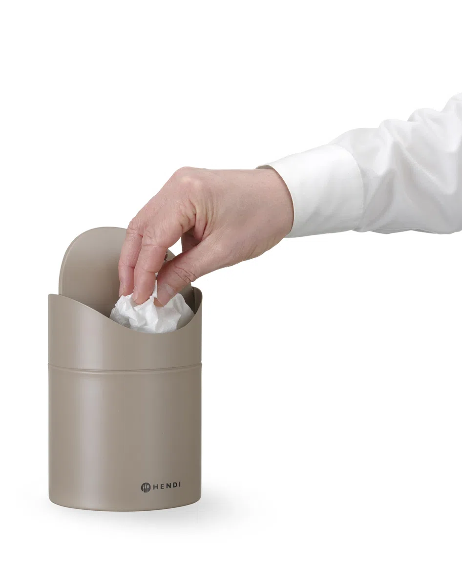 HENDI Cestino da tavolo con coperchio a bilico, 1,2 L, in metallo verniciato a polvere, ø120x(H)165mm, beige