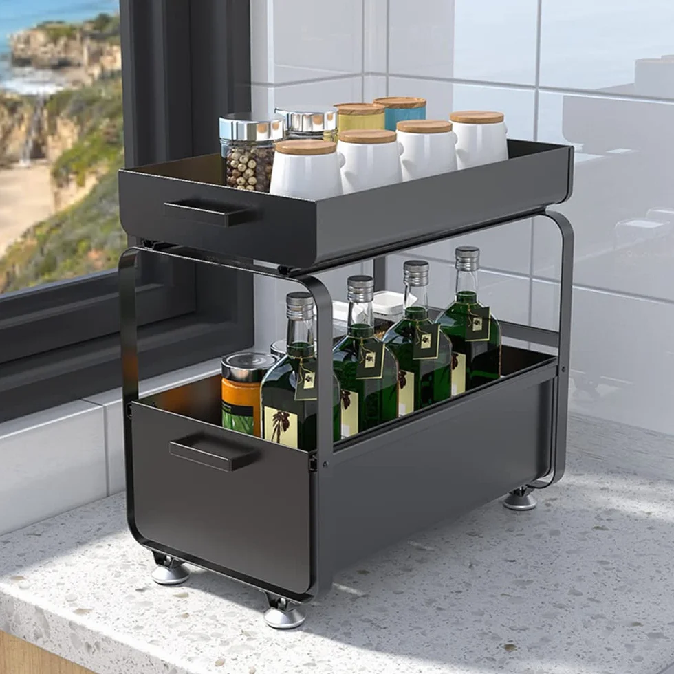 HUOLE Organizzatore a 2 Ripiani con Cassetto Portaoggetti Sotto il Lavandino Scorrevole Cestino Estraibile Portaspezie Organizer per Snack per Cucina Bagno Camera da Letto-40 * 25,5 * 39,5 cm-nero