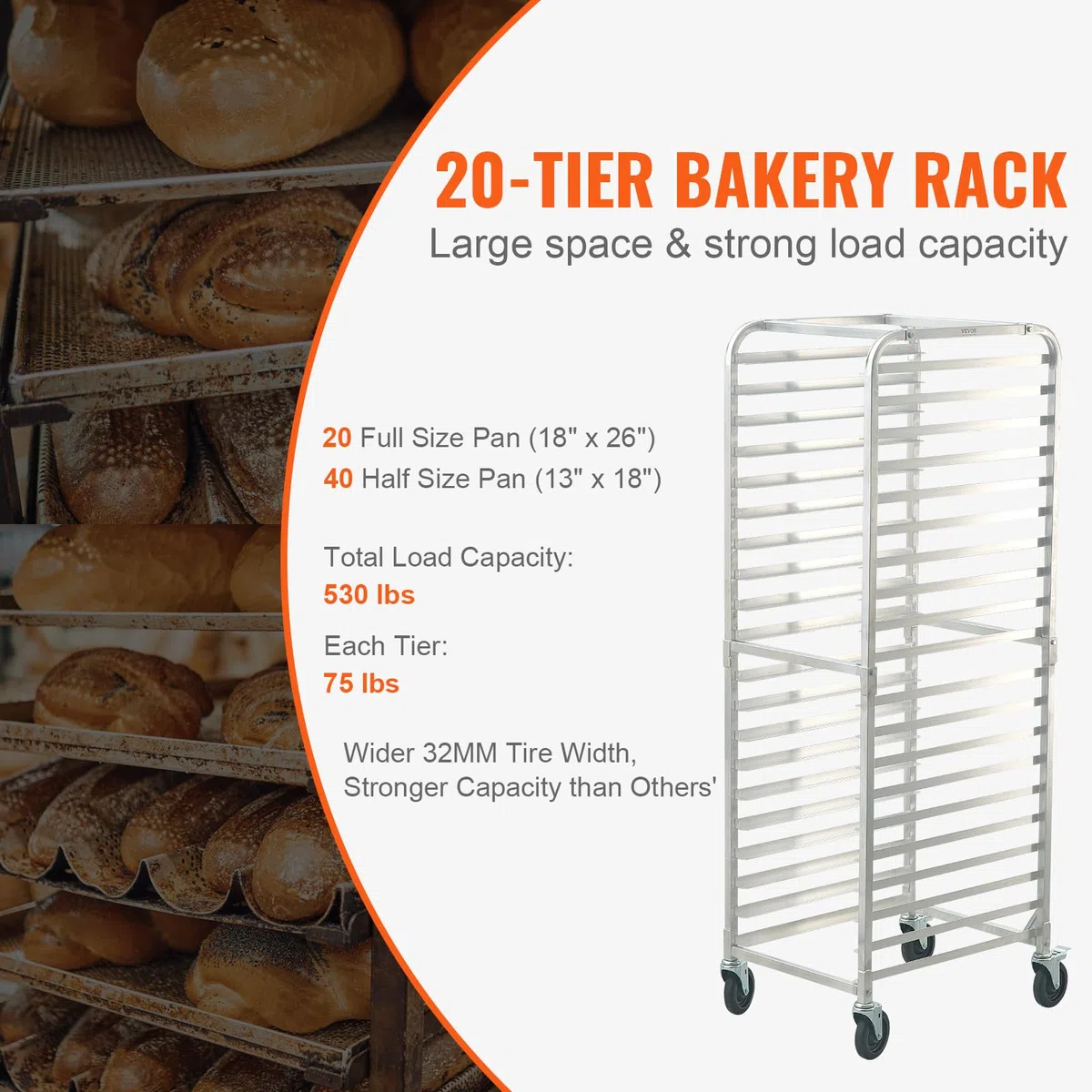 VEVOR Portateglie per panini, Scaffale per panetteria commerciale a 20 livelli con ruote con freno, Carrello in alluminio, Rastrelliera rapida per cucina domestica, 26"x20,4"x70"