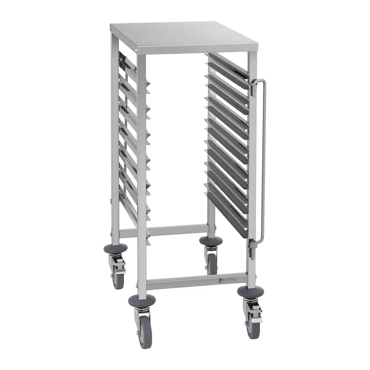 Royal Catering Carrello Portavassoi di Servizio RCTW 7 GN1/1 (Acciaio Inox, Gomma Termoplastica, 7 Contenitori GN, 50 Kg, 2 Freni)