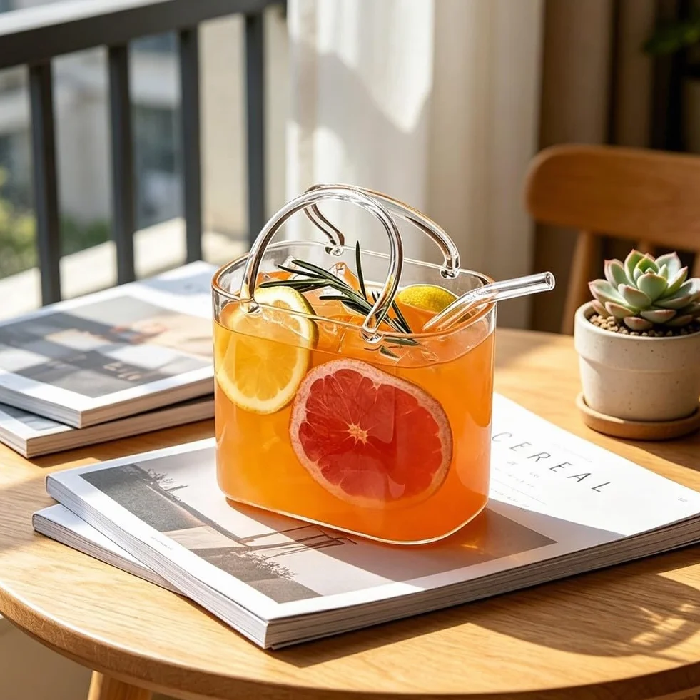 BlissfulAbode Portabevande in vetro a forma di borsa chic trasparente con manico, doppio uso, server per bevande, per cocktail, succhi di frutta, bibite, fiori, decorazione da tavolo alla per moda