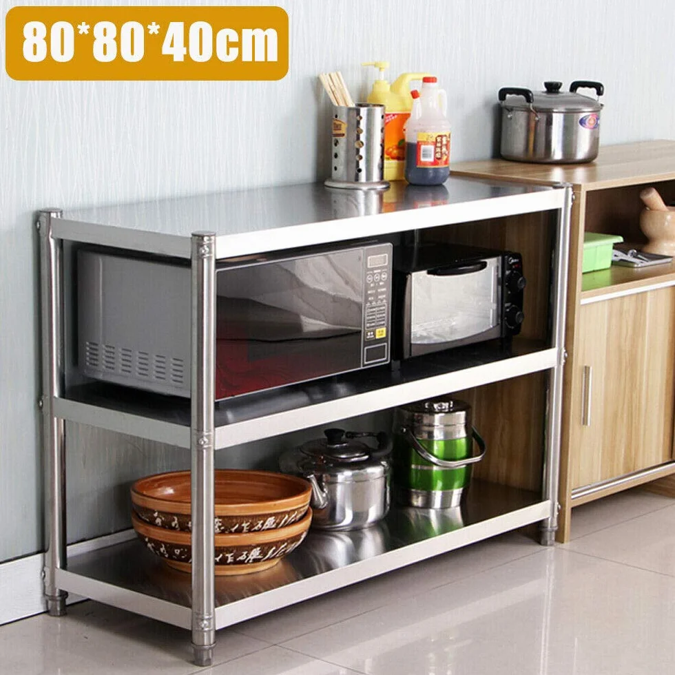 Tavolo da cucina in acciaio inox, 80 x 80 x 40 cm, 3 ripiani, per dispense, ristoranti, cucine, grandi cucine, carico 50 kg