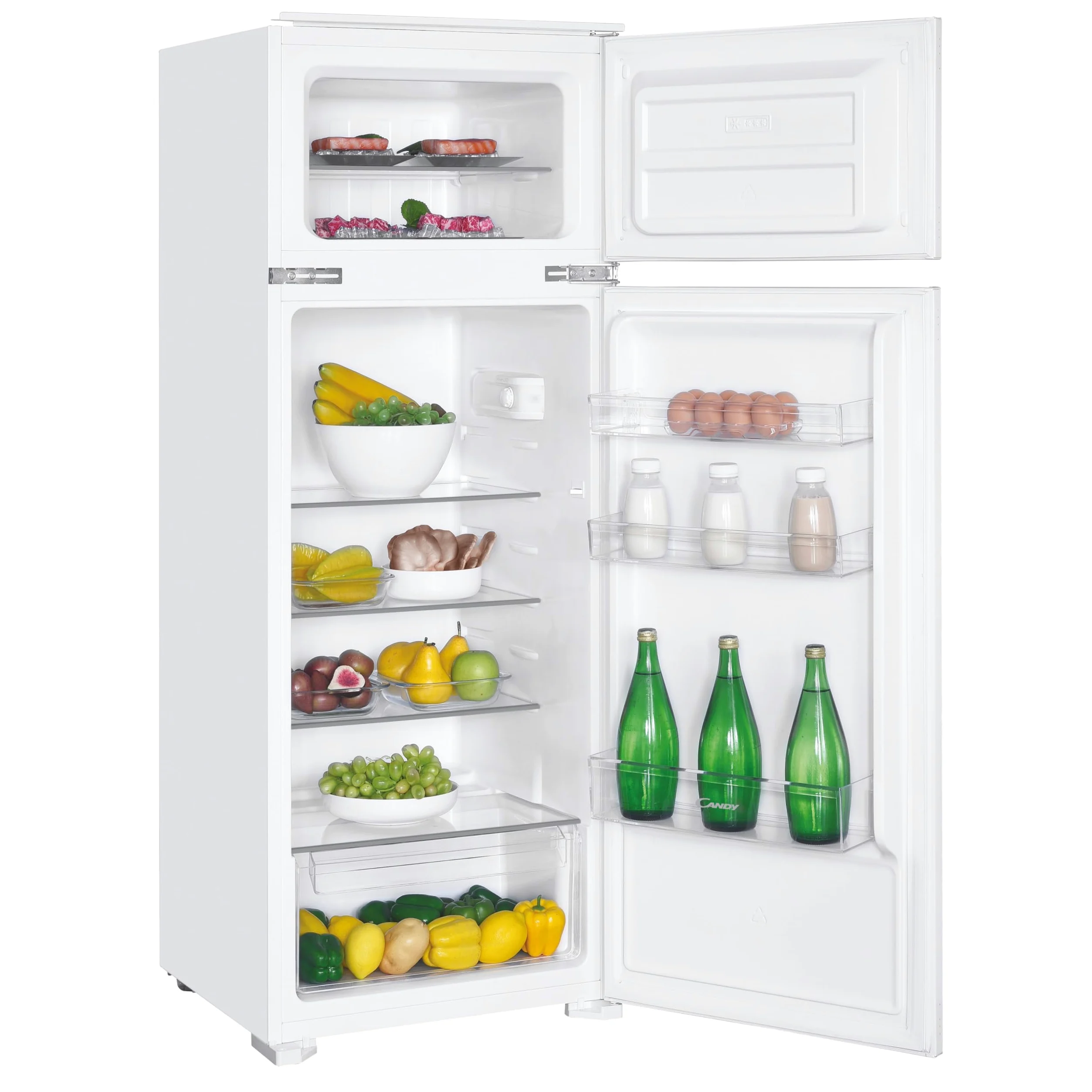 Candy CFBD 2450/5EH - Frigorifero da incasso con congelatore, porta a traino, a due porte, nicchia da 144 cm, 205 litri, frigorifero da 169 litri, congelatore da 36 litri, 1 cassetto per verdura, 4