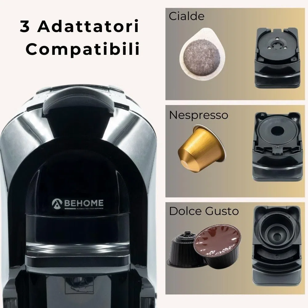 BEHOME Macchina Caffè Espresso per Cialde, Nespresso e Dolce Gusto, 3 Adattatori compatibili per ogni Caffè, Caffè Espresso pronto in pochi secondi