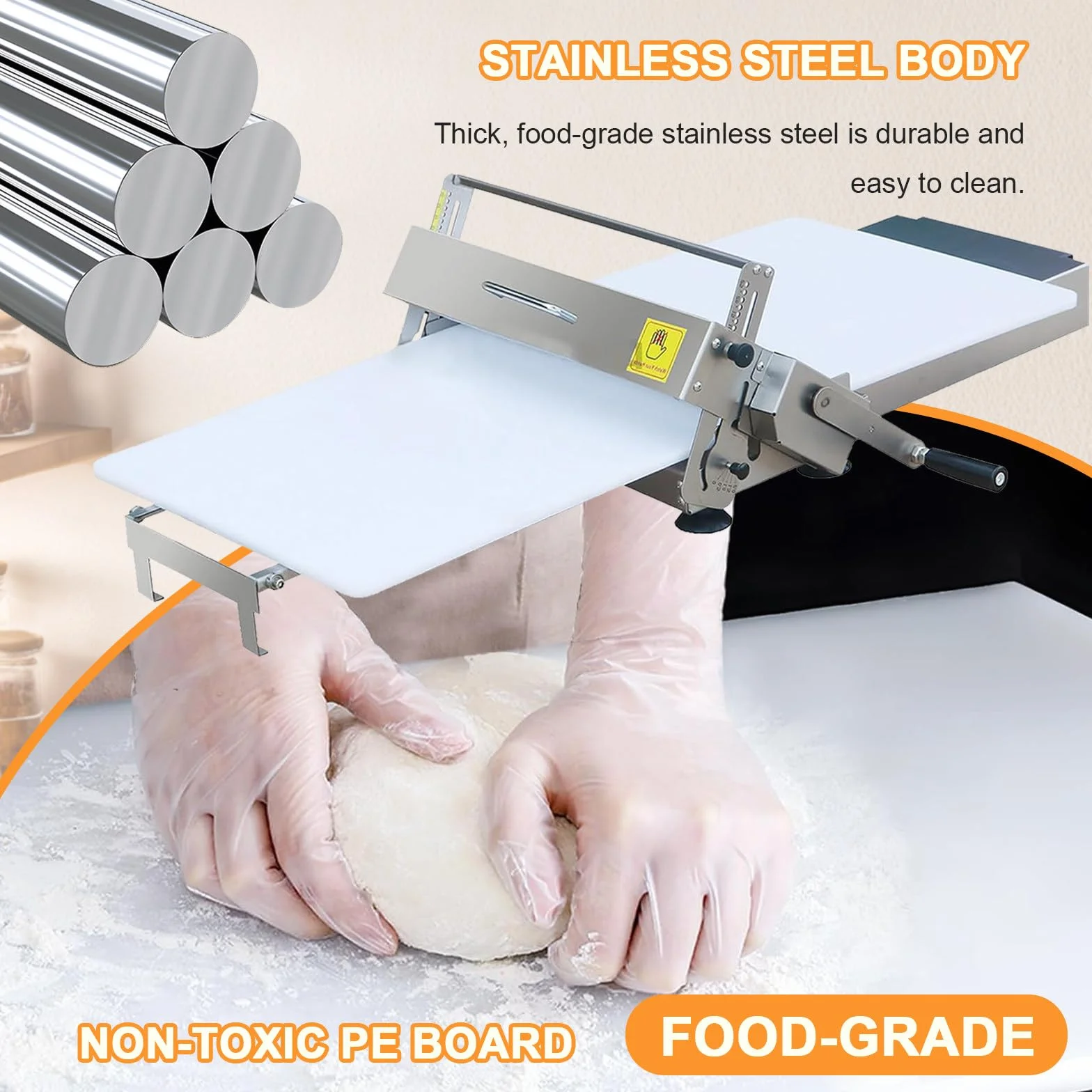 Sfogliatrice Pasticceria Manuale Pieghevole, Sfogliatrice Pasticceria Manuale In Acciaio Inox, Spessori Regolabili da 0 a 25 mm, Superficie Antiaderente in PP, per Croissant, Pizza e Pasta 400-Model