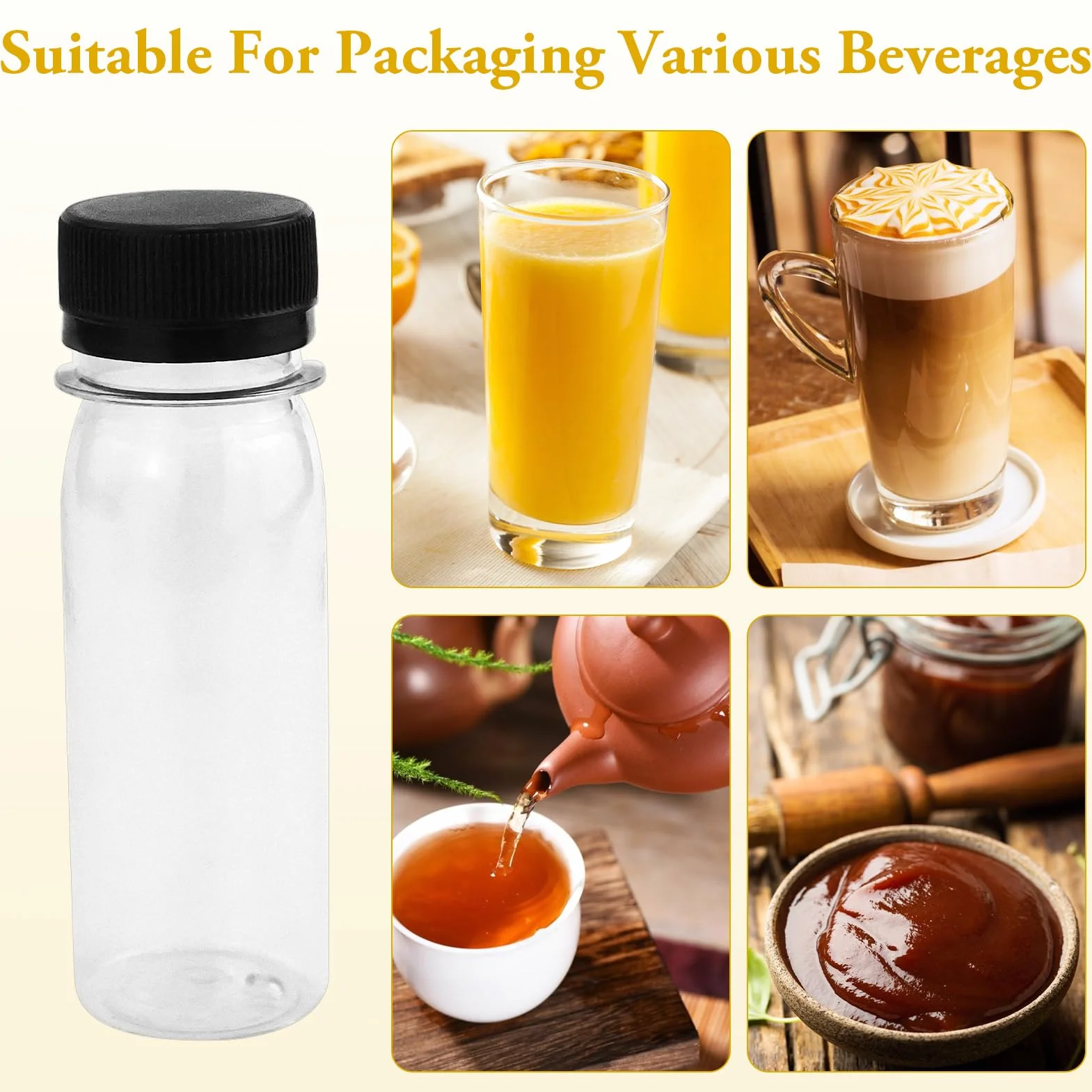 Bottiglie di succo in plastica con tappi, 12 pezzi, contenitori riutilizzabili per succhi da 60/120 ml, con coperchio a prova di manomissione, nero, trasparenti, per succhi di frutta, latte, frullati