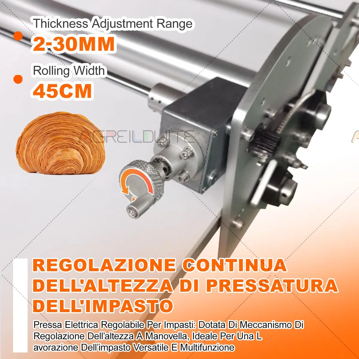 Sfogliatrice Elettrica Per Pasta, Sfogliatrice Pieghevole Per Panetteria/Pizza/Croissant/Pasta Fondente, Acciaio Inossidabile+Spessore Regolabile 2-30 Mm+Impasto Reversibile,40×17.7in Tavola