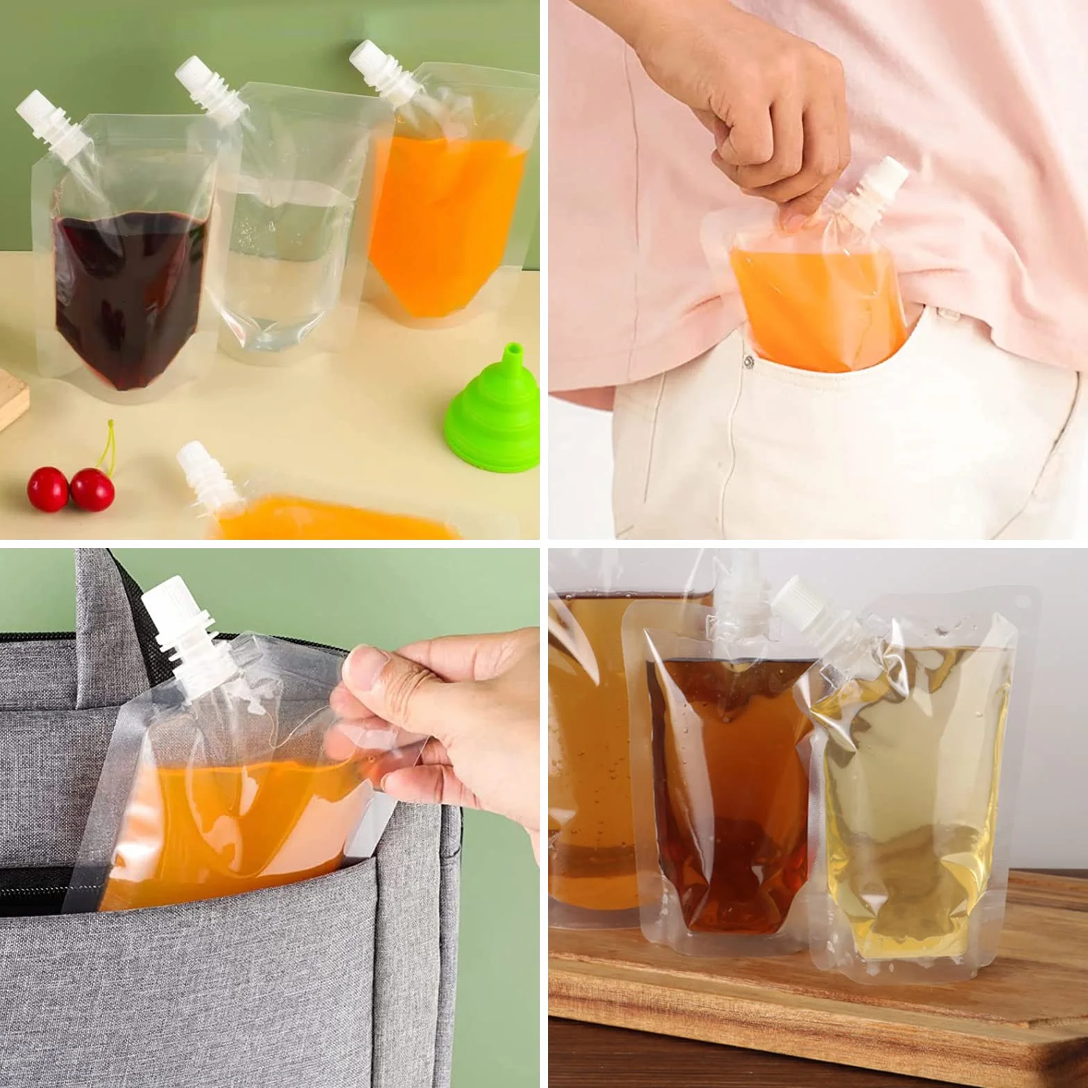 15 pezzi Sacchetti per Bevande, Sacchetto per Bevande Trasparente, Sacchetto per Bevande Pieghevole da 200 ML, Sacchetto di Succo Riutilizzabile con 2 Imbuti, per Succo di Caffè Latte