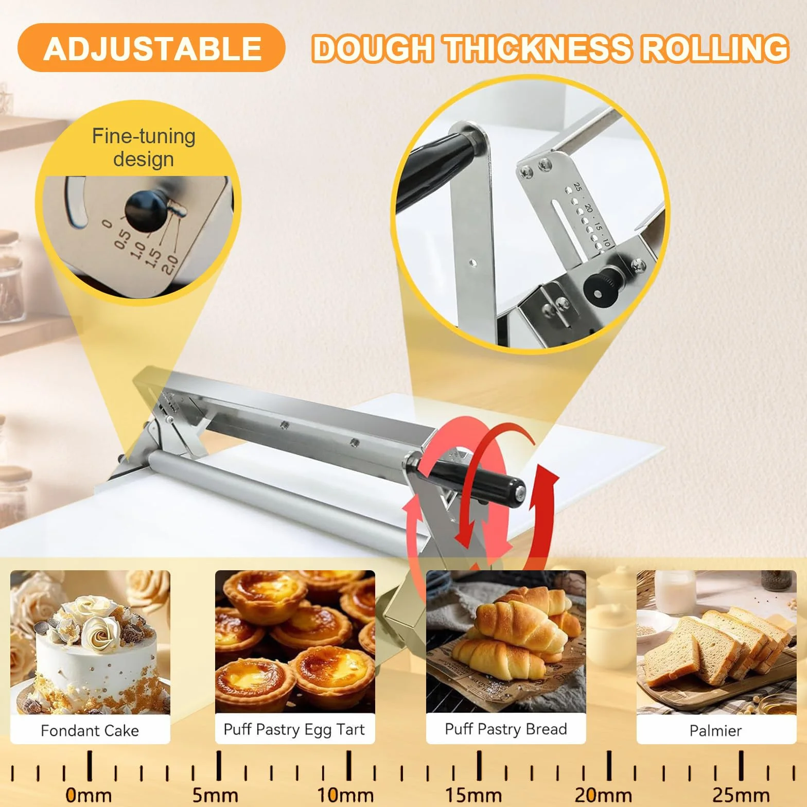 Sfogliatrice Pasticceria Manuale Pieghevole, Sfogliatrice Pasticceria Manuale In Acciaio Inox, Spessori Regolabili da 0 a 25 mm, Superficie Antiaderente in PP, per Croissant, Pizza e Pasta 400-Model