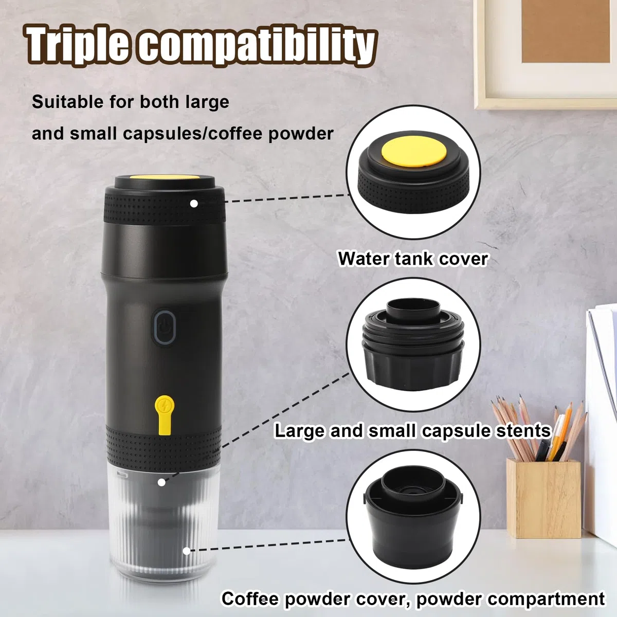 Yolispa Macchina da caffè Espresso elettrica Portatile per Auto Espresso 12 V, Macchina da caffè Portatile, caffettiera da Viaggio per Il Campeggio, 3 in 1 Capsula in Polvere Macchina