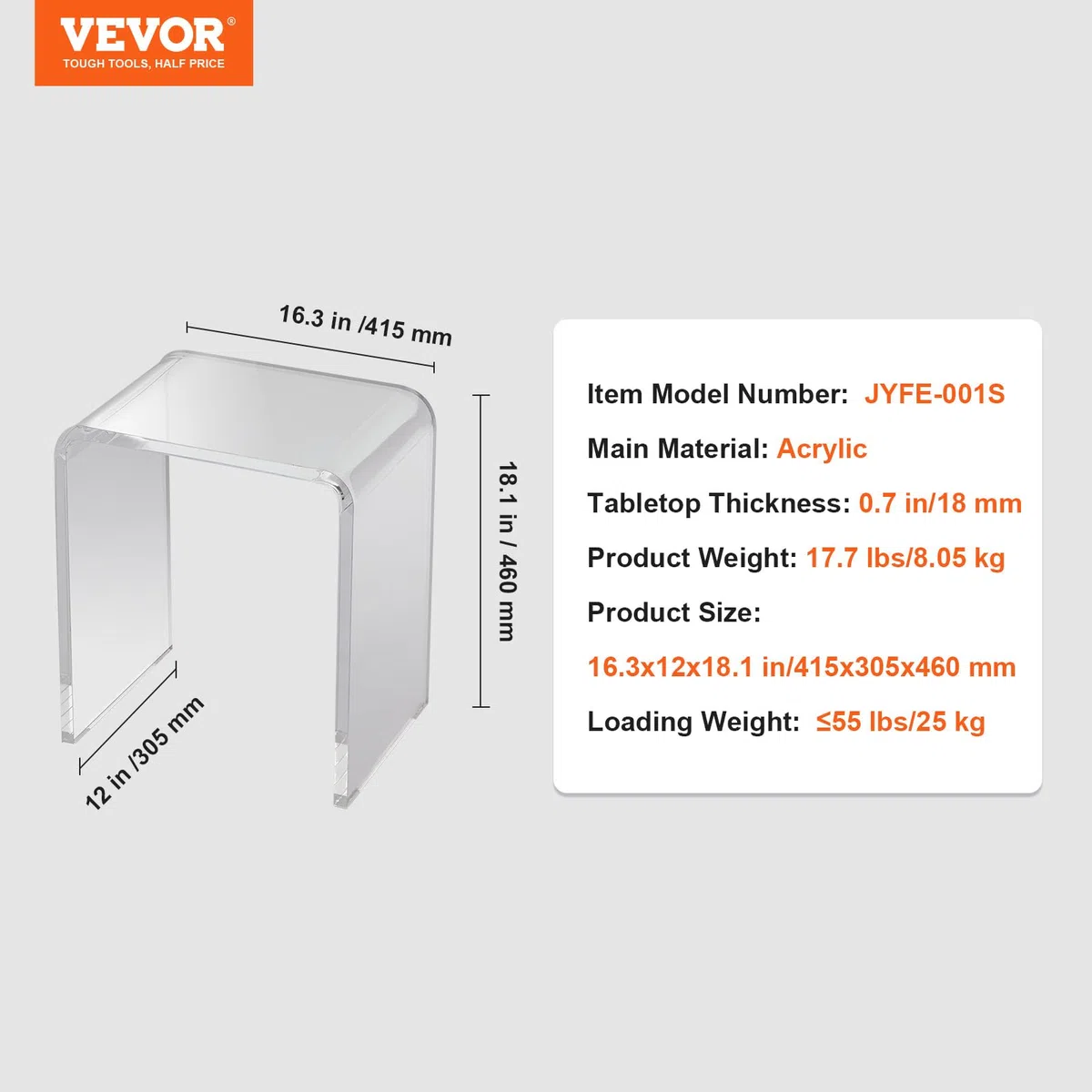 VEVOR Tavolino da Salotto 415x305x460 mm Tavolino da Soggiorno in Acrilico Capacità Carico max. 25 kg per Ufficio a Portata di Mano Soggiorno Camera da Letto Balcone Tavolino Caffè Trasparente Basso