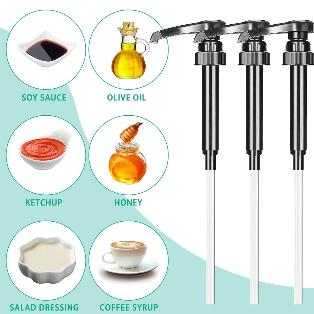 NUOOO Dispenser a pompa per sciroppo per bottiglia da 1 l, nero (5 pezzi), in plastica alimentare, ampie applicazioni, compatibile con varie marche