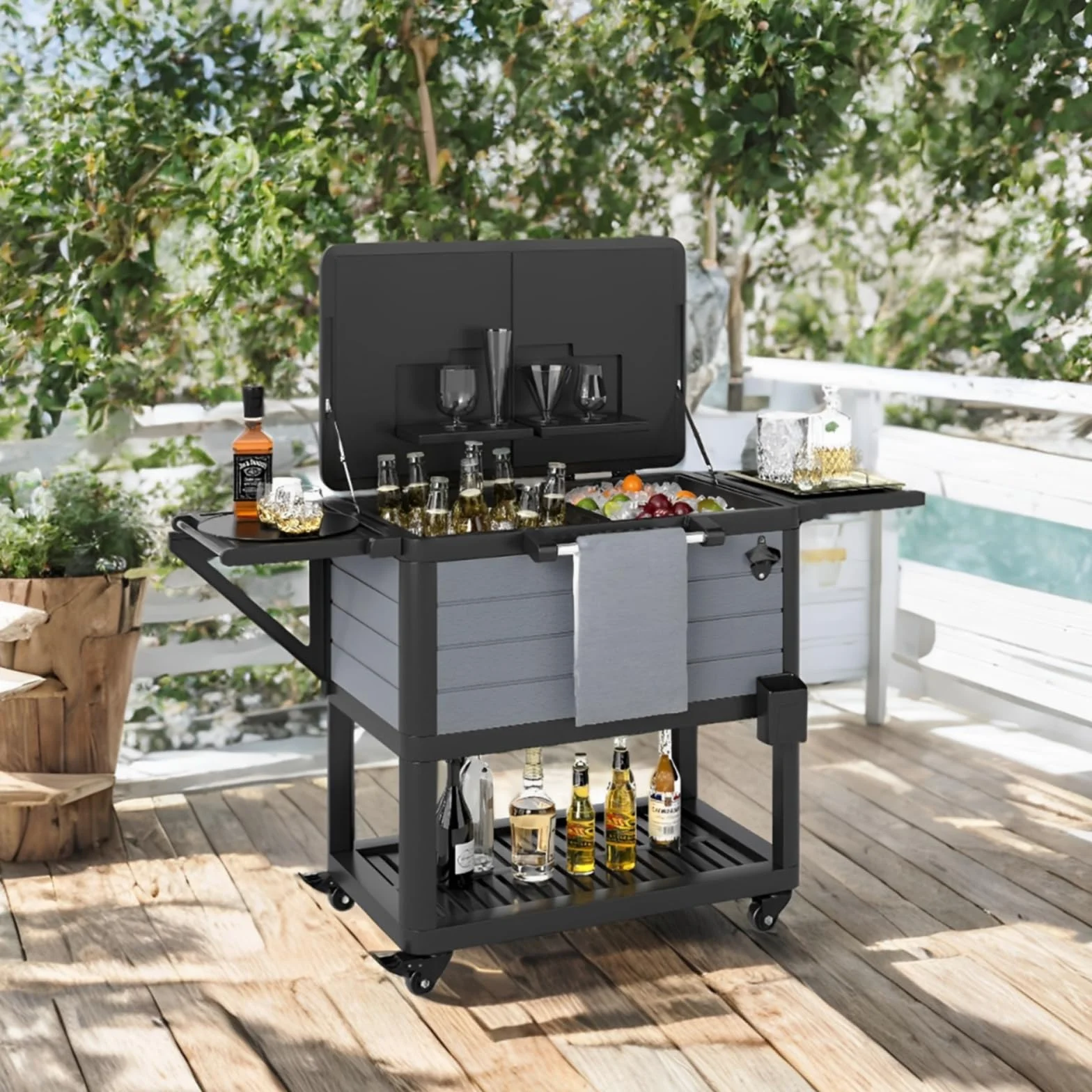SOARS Glaciera a Rotelle 91 L, Bar Esterno Mobile 83 x 50 x 85 cm, con Separatore Rimovibile, 2 Ripiani Laterali Pieghevoli, 4 Ruote Universali, per Giardino, Terrazza, Piscina