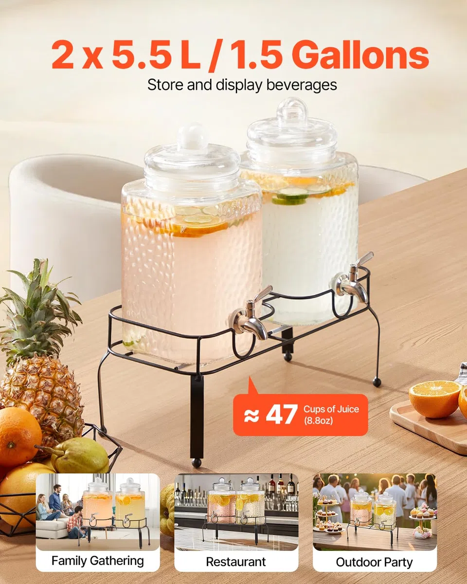 VEVOR Distributore di Bevande, 2 Pezzi da 5,5 L, Contenitore di Succhi in Vetro con Supporto in Metallo, Rubinetto in Acciaio Inox, Infusore, Distributore di Tè Freddo, Limonata, per Feste