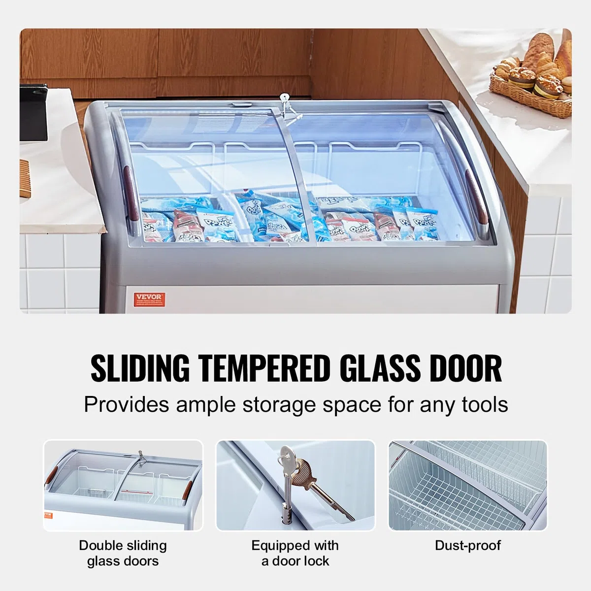 VEVOR Vetrina per Gelato Commerciale 990 x 705 x 875 mm Congelatore Mobile 264 L Vetrina per Gelateria con Piano Vetro, 3 Cestelli Metallici, 2 Porte Scorrevoli in Vetro, Ruote di Bloccaggio, Bianco