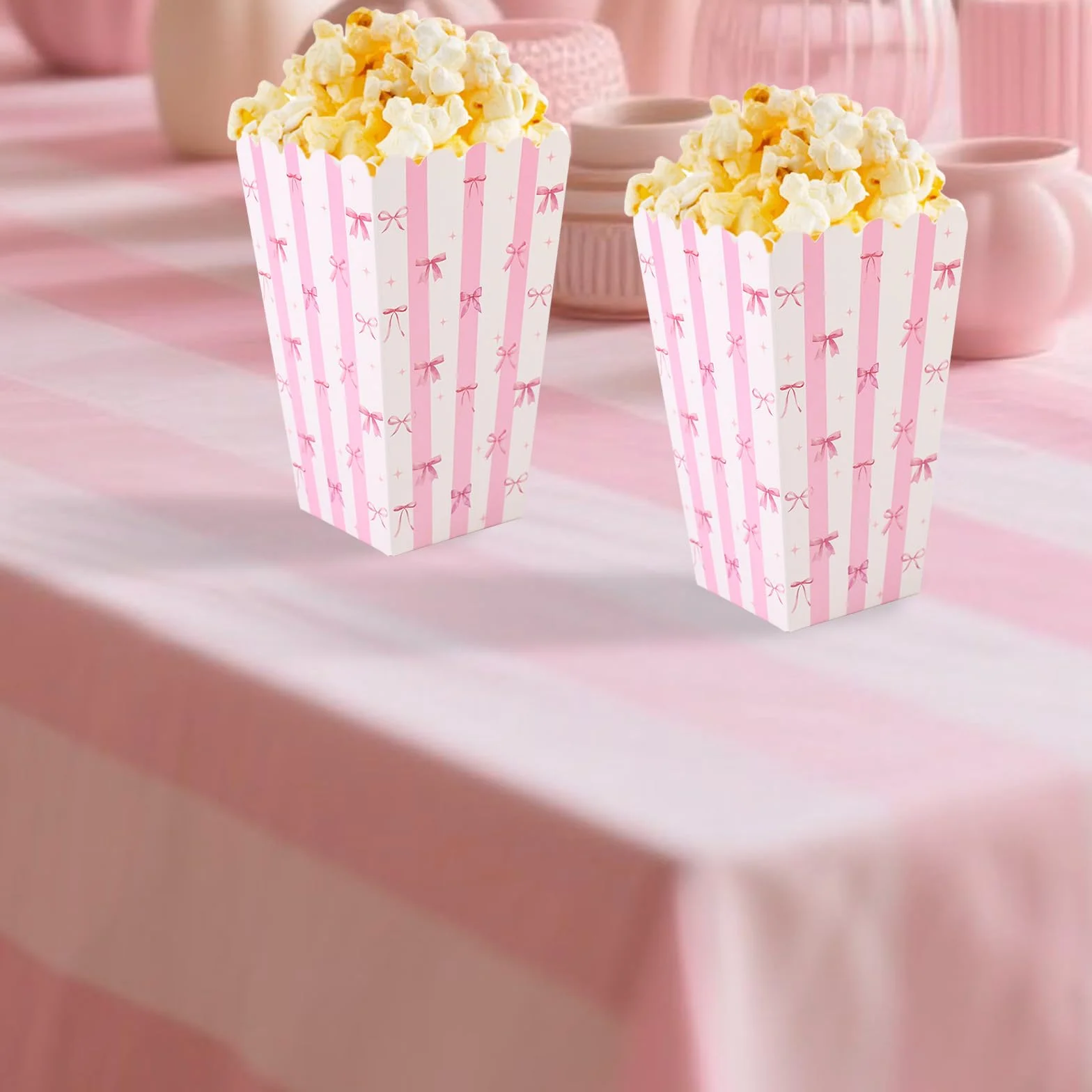BOXOB 24 Scatole per Popcorn con Fiocco Rosa, Piccole Scatole Snack Biscotti e Caramelle Contenitori Popcorn per Feste di Compleanno Bambini Bambine (Bianco Rosa)