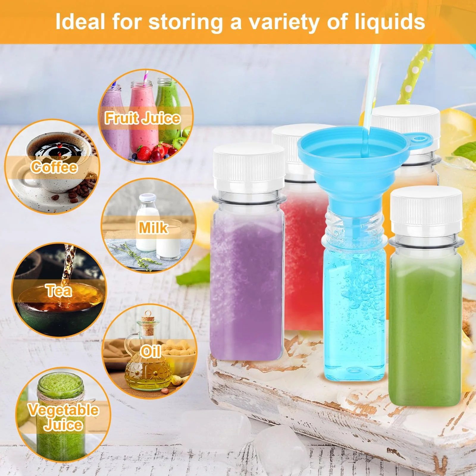 30 bottiglie di zenzero Shot Mini da riempire – 60 ml di plastica trasparente per frullati con imbuto e spazzola per frigorifero Ginger Juicer