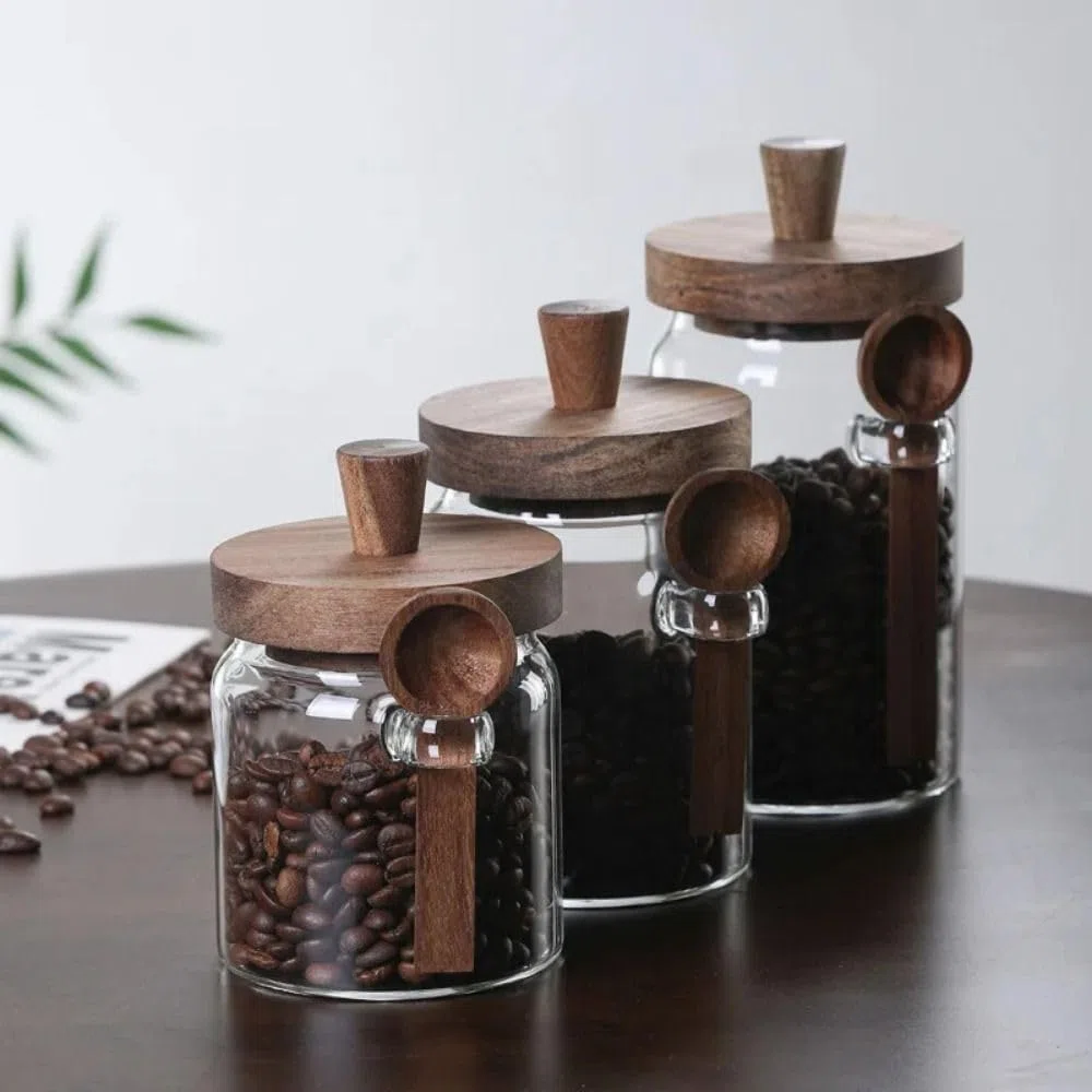 Barattoli in vetro con coperchio in legno e cucchiaio, contenitori per alimenti, barattoli per spezie, tè, caffè, zucchero, organizer da cucina (400 ml)