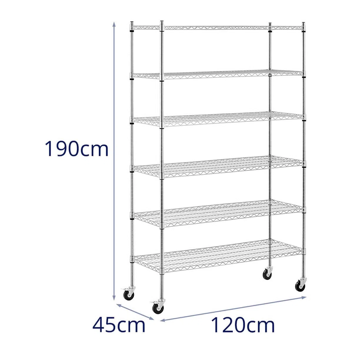 Royal Catering Scaffale su ruote, 120 x 45 x 190 cm, 6 ripiani (119,5 x 44,8 cm), 90 kg, 4 ruote (3''), in acciaio al carbonio, montaggio senza attrezzi, in metallo