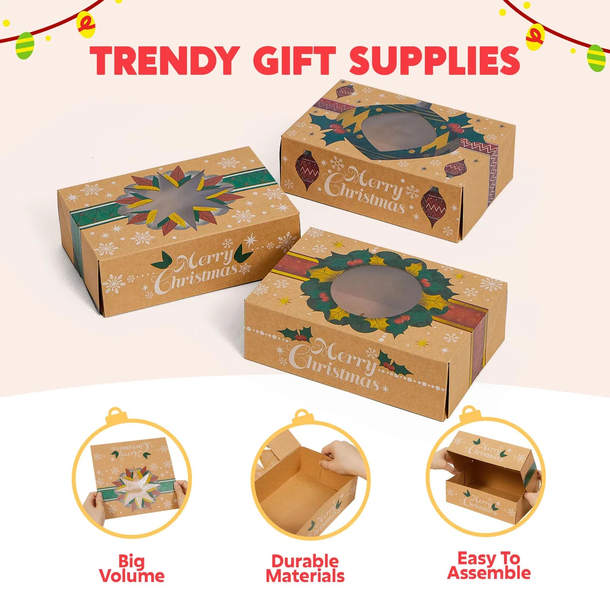 JOYIN 24 Scatole di biscotti natalizi kraft kraft con finestra 8,5 "x 5,75" x 2,75 ", tratta scatole con 3 disegni per pasticcini, cupcakes, brownies, regalo, ciambella e biscotti