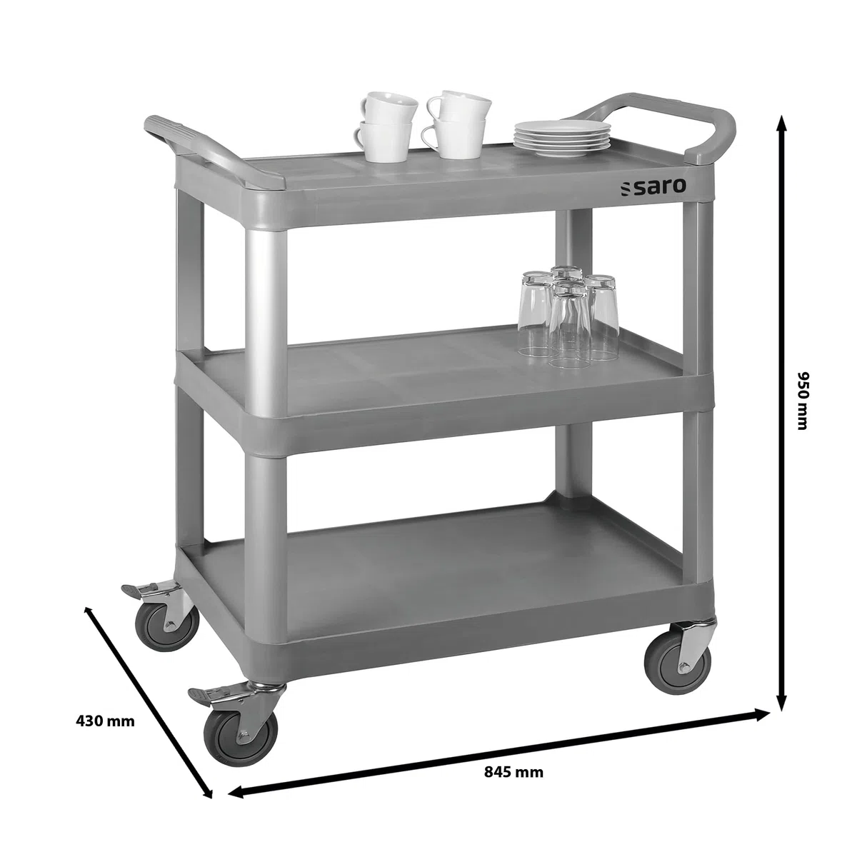 SARO ZENJA - Carrello portavivande, in plastica/metallo leggero, con 3 ripiani, portata da 100 kg, ruote con freno, da 845 x 430 x 950 mm