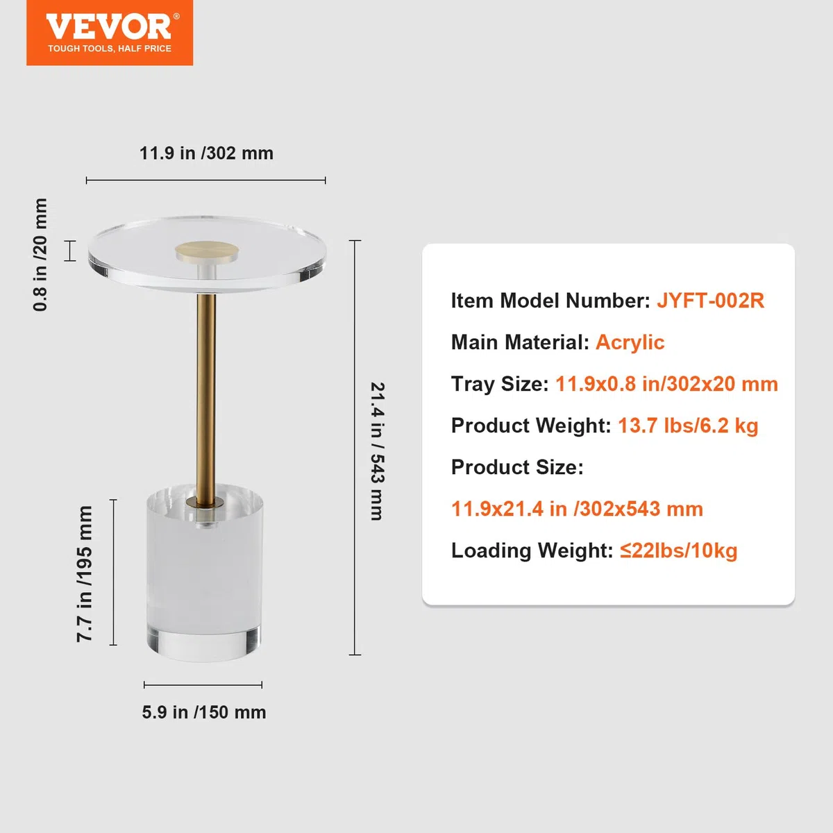VEVOR Tavolino Rotondo 302x543 mm Tavolino da Caffè in Acrilico Trasparente, Carico max. 10 kg, per Soggiorno Camera da Letto Balcone e Ufficio