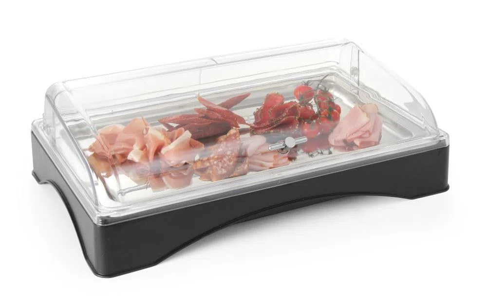 HENDI Vetrina Espositiva Refrigerata, Display per Buffet, Set Espositore di Raffreddamento con Vassoio GN 1/1, Coperchio Trasparente ed Elemento Refrigerante, 555x357x(h)175 mm, ABS, PC, Inox