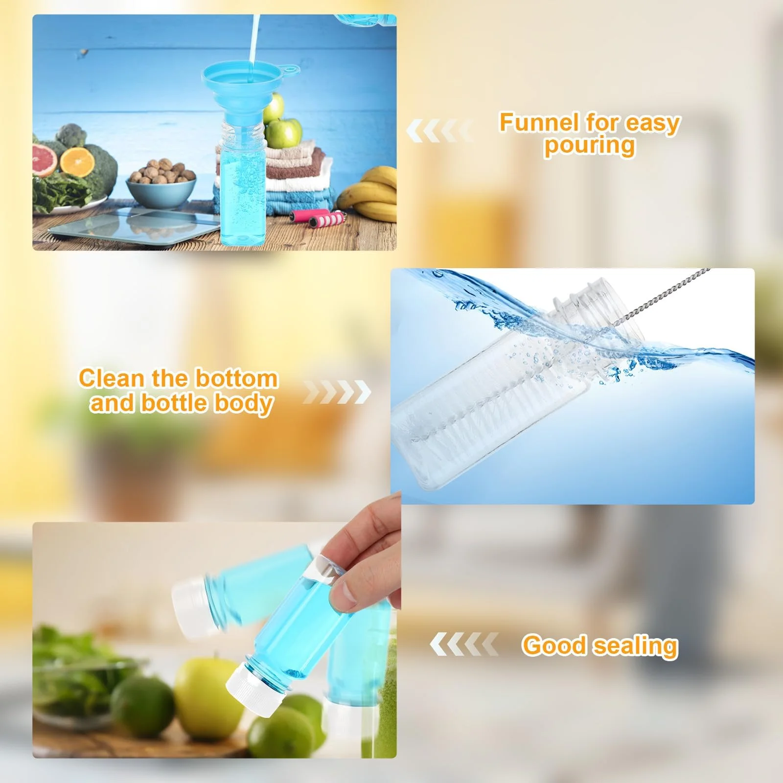 30 bottiglie di zenzero Shot Mini da riempire – 60 ml di plastica trasparente per frullati con imbuto e spazzola per frigorifero Ginger Juicer