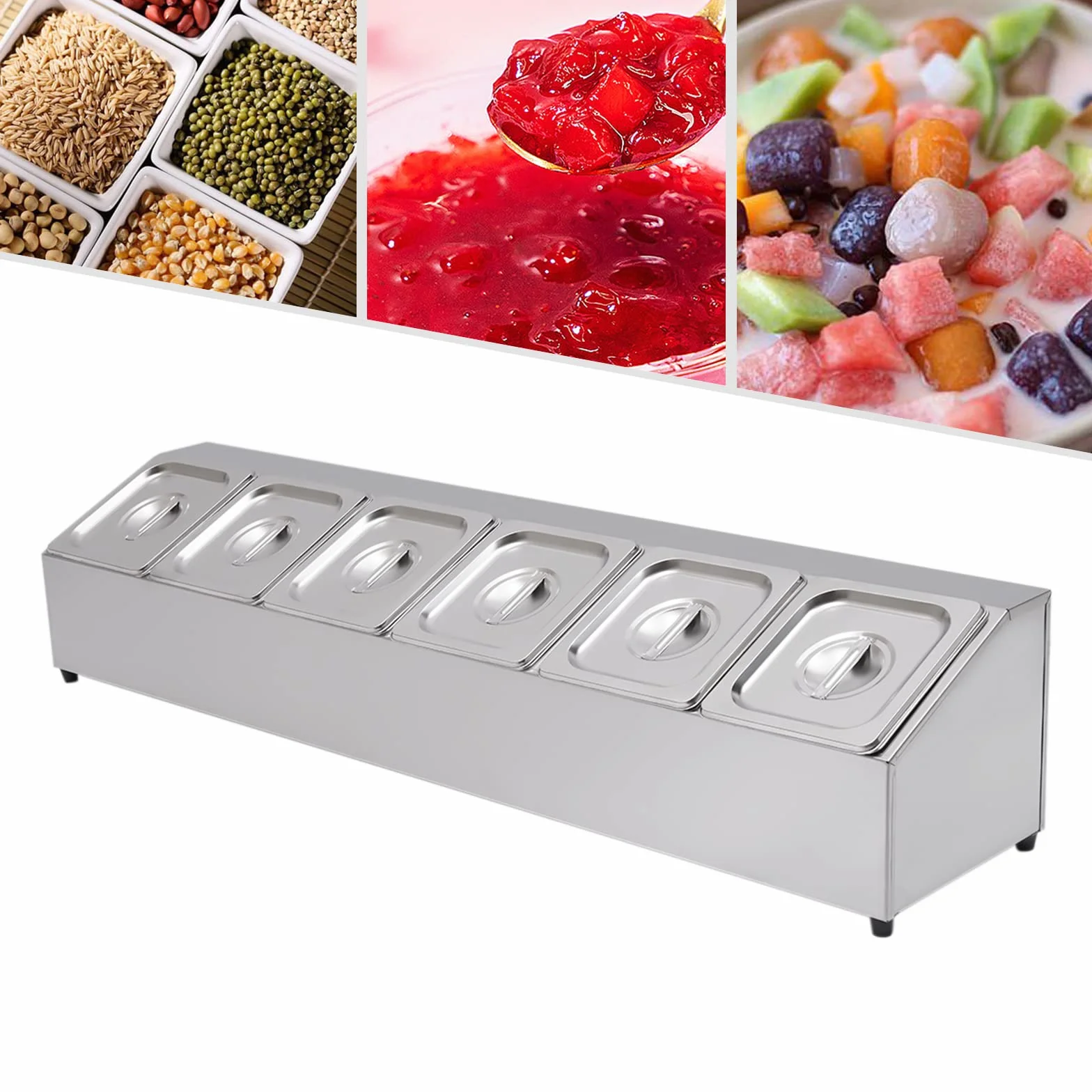 Contenitore per ingredienti in acciaio inox, contenitore con 6 contenitori, capacità per contenitore: 2 l, piedini in gomma antiscivolo, coperchio per ristoranti, negozi di tè al latte