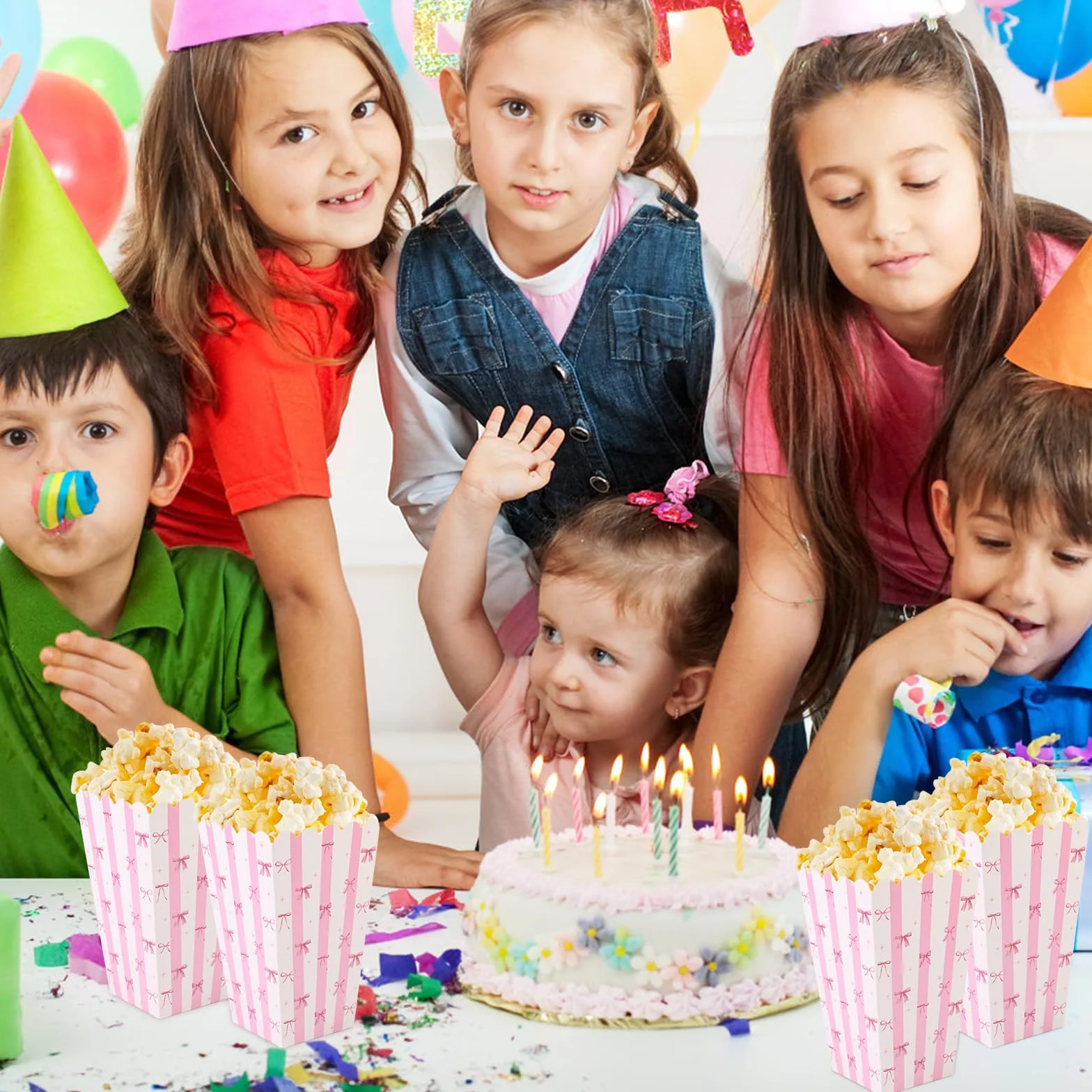 BOXOB 24 Scatole per Popcorn con Fiocco Rosa, Piccole Scatole Snack Biscotti e Caramelle Contenitori Popcorn per Feste di Compleanno Bambini Bambine (Bianco Rosa)