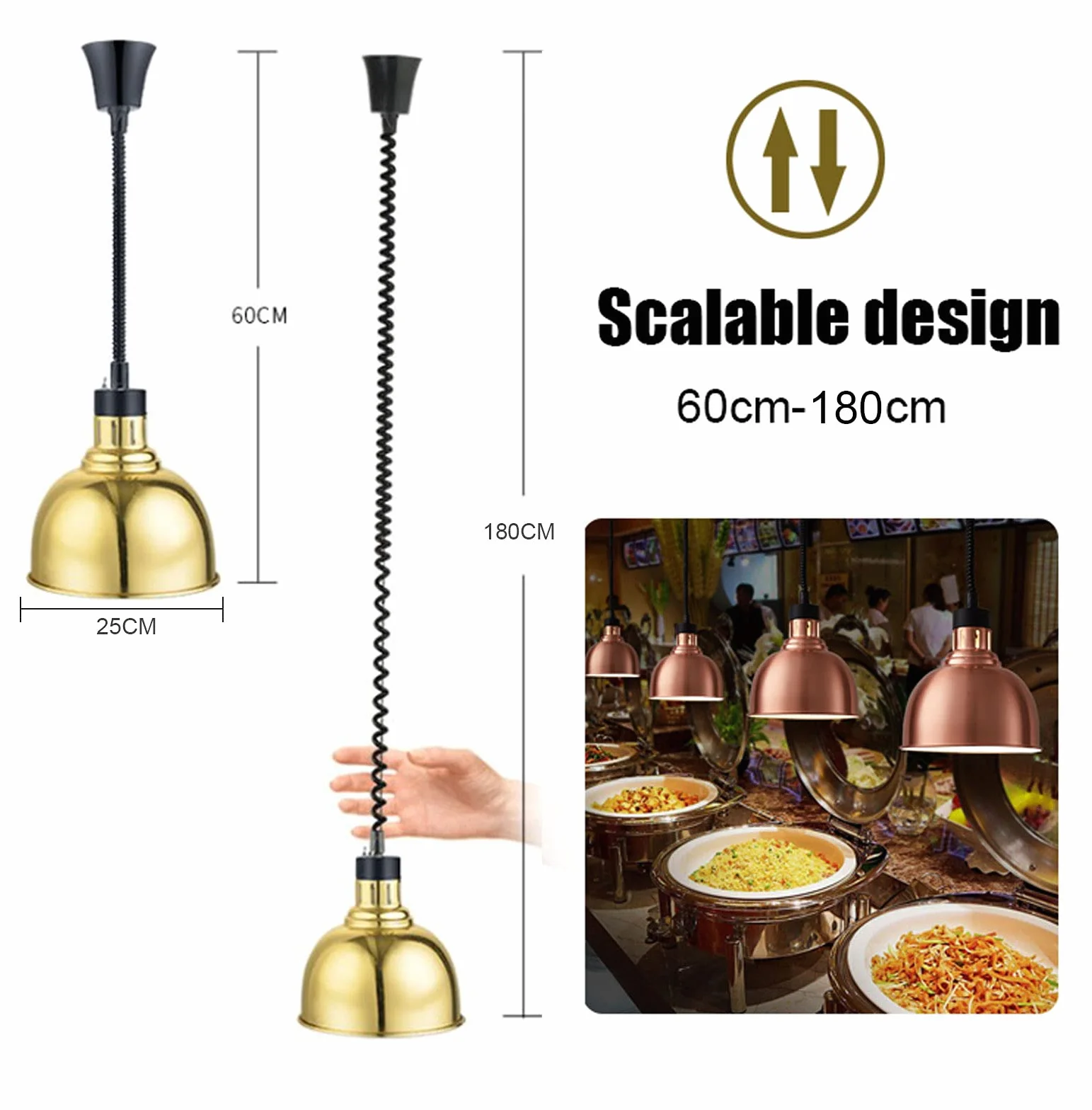 Lampada per Scaldavivande Commerciale, Lampada Termica Sospeso Cibo Riscaldanti, Lampada Riscaldante per Cucina Ristorante a Buffet, Alimentare Calore Lampada, Cavo Retrattile: 60-180cm