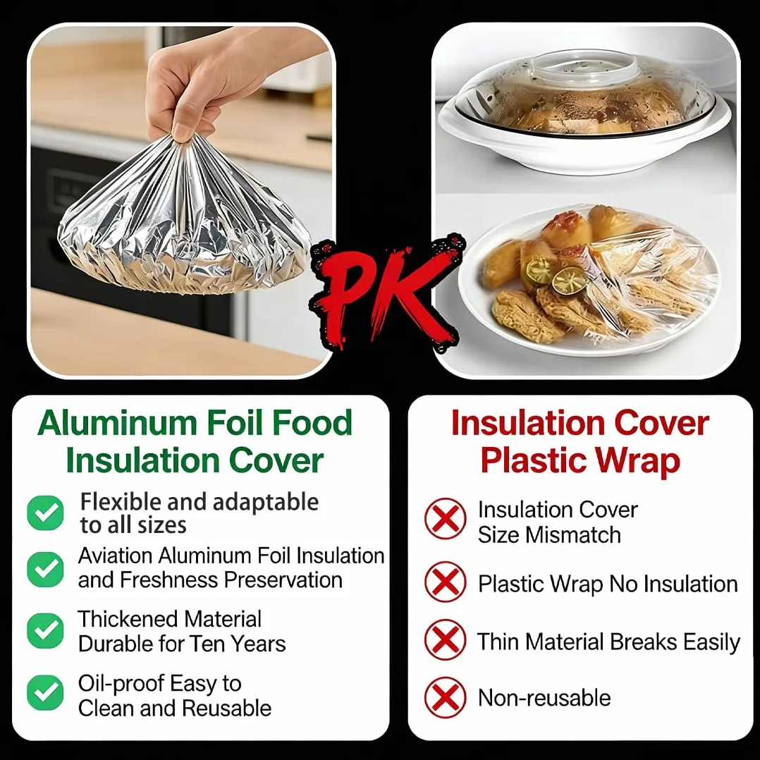 100pc Coperchi per alimenti riutilizzabili in alluminio, coperchi termoisolanti per piatti, regolabili e universali per piatti e ciotole, mantengono il cibo caldo e fresco (50pc)