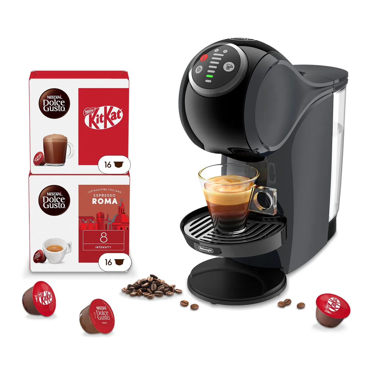 De’Longhi Nescafé Dolce Gusto Genio S Plus – Macchina da Caffè a Capsule Automatica, 15 Bar, Espresso Boost, Hot & Cold, Bundle 32 Capsule: KitKat Cacao & Wafer + Espresso Roma, Nera (EDG315.B)