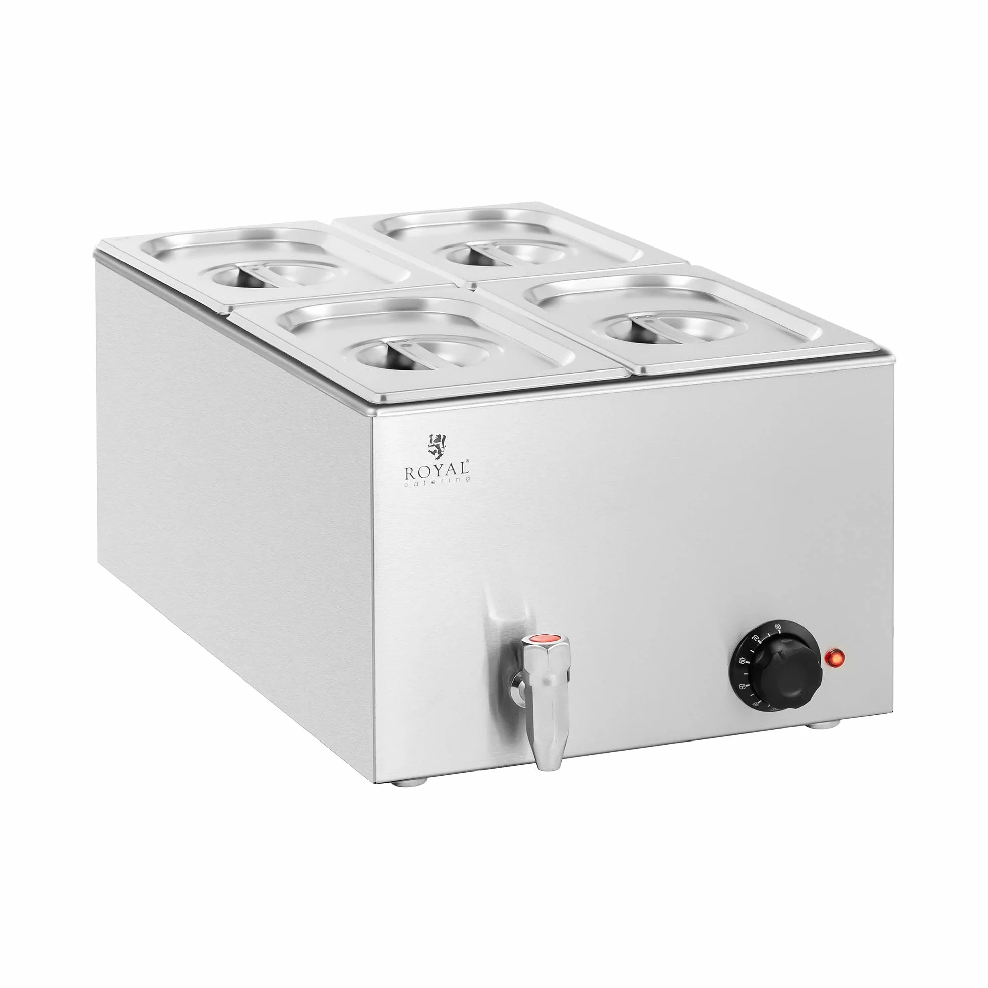 Royal Catering RCBM_GN1/4 Bain Marie 600 W 4 GN 1/4 rubinetto di scarico per bagnomaria scaldavivande