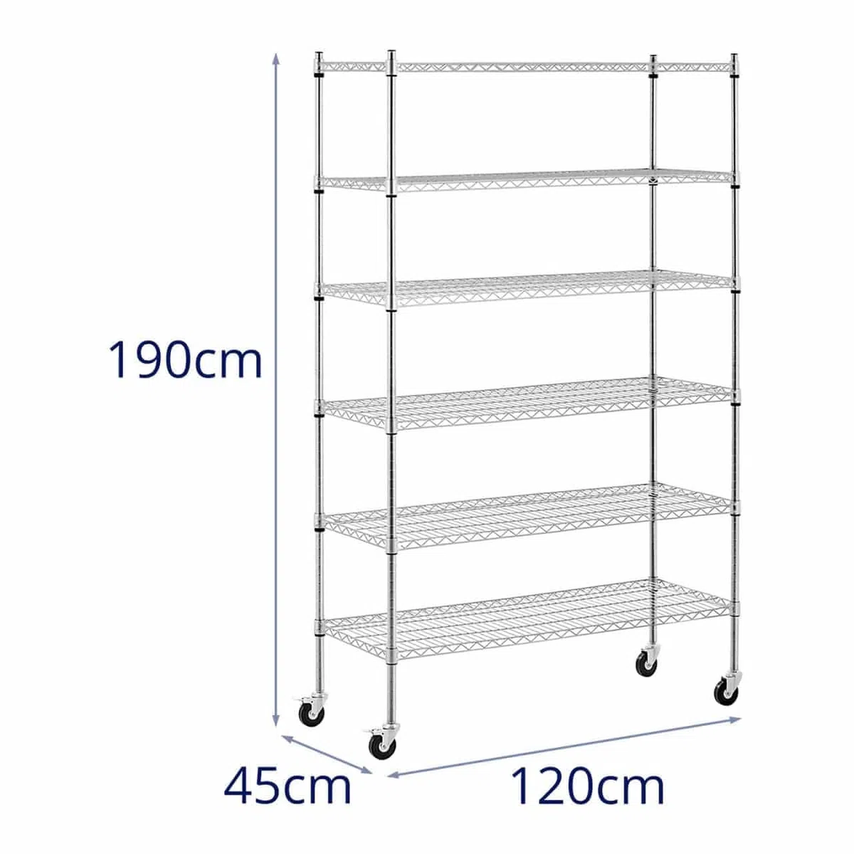 Royal Catering Scaffale su ruote, 120 x 45 x 190 cm, 6 ripiani (119,5 x 44,8 cm), 90 kg, 4 ruote (3''), in acciaio al carbonio, montaggio senza attrezzi, in metallo