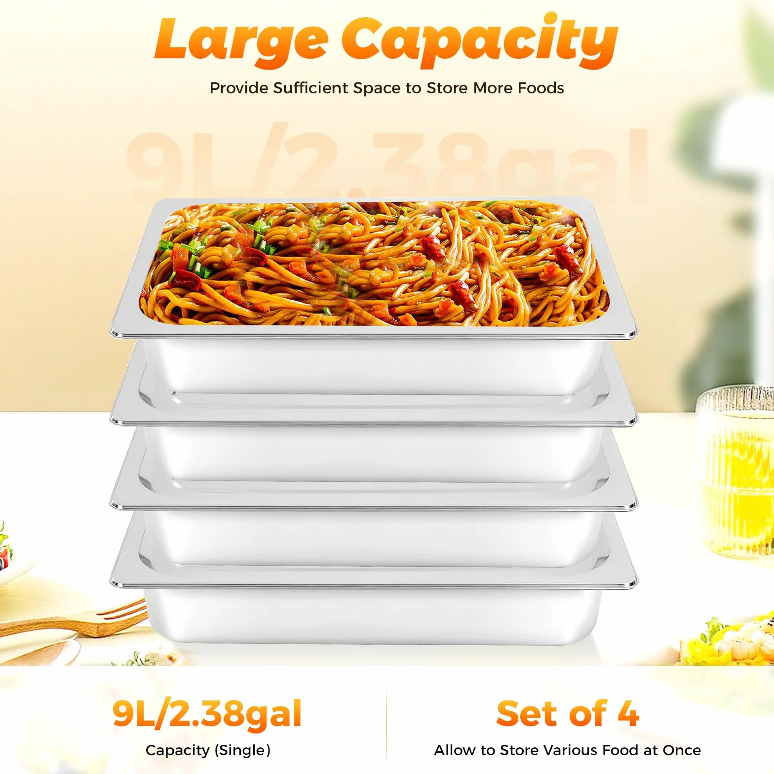 Set di 4 contenitori GN in acciaio inox con coperchio, 10 cm di profondità, 9 litri, per cotolette, carne, pesce, cotolette, padelle per hotel, tavolo Food Pan, impilabili, lavabili in lavastoviglie