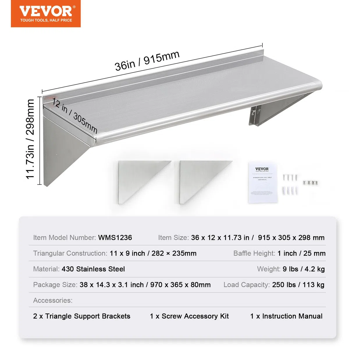 VEVOR Mensola da Parete in Acciaio Inox 915 x 305 x 63 mm Scaffale Murale per Cucina Bagno Soggiorno Capacità Carico Max. 113kg, Mensola da Parete Portaoggetti Portaspezie in Acciaio Inox per Cucina