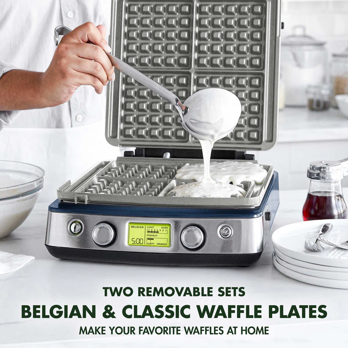 GreenPan Elite - Piastra per waffle belga e classica 4 quadrati, ceramica sana, antiaderente, in alluminio, lavabile in lavastoviglie, controlli ombra regolabili/scricchiolii, non traboccante,