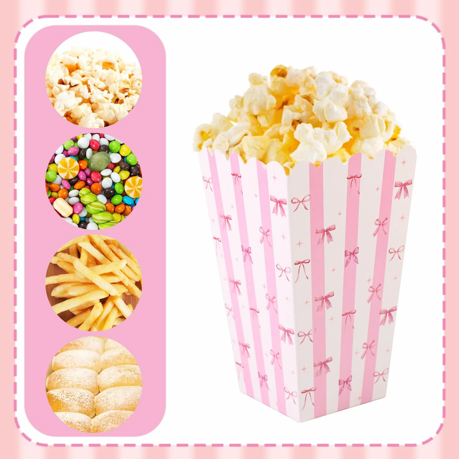 BOXOB 24 Scatole per Popcorn con Fiocco Rosa, Piccole Scatole Snack Biscotti e Caramelle Contenitori Popcorn per Feste di Compleanno Bambini Bambine (Bianco Rosa)