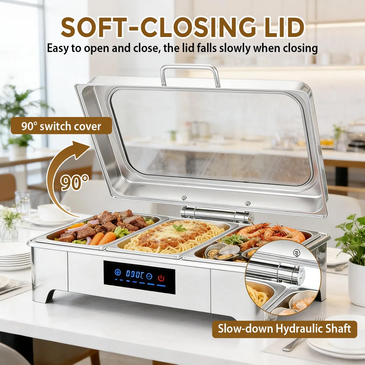 LIROPAU Pasto Chafing Dish, scaldavivande in acciaio inox da 9 l, con coperchio in vetro visibile, 3 contenitori in acciaio inox per feste, matrimoni, buffet e feste (3 set da 1/3 + 1/3 + 1/3 GN)