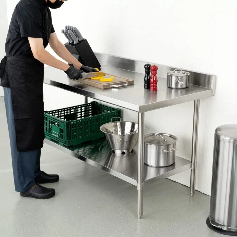 Tavolo da lavoro in acciaio inox, 120 x 85 x 60 cm, con alzata, portata fino a 250 kg, tavolo da cucina in acciaio inox, con piedini regolabili e ampio ripiano inferiore